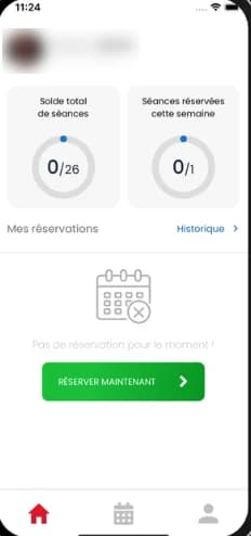 Écran d'accueil de l'app React Native Fulgurance, avec solde de séances et réservations (archive, nom et photo floutés)