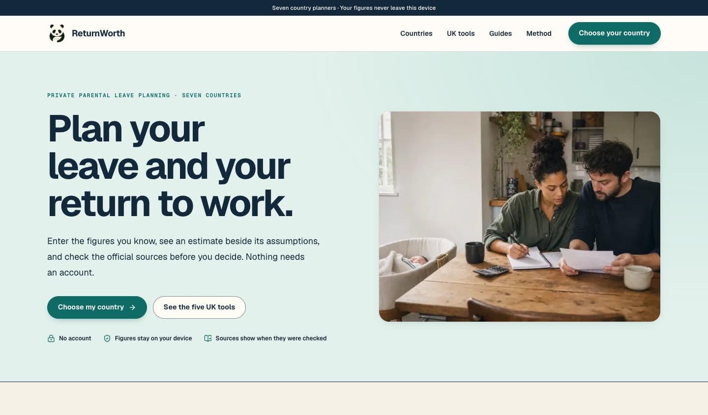 Parte superior de la página de inicio de la vista previa del rediseño de ReturnWorth en escritorio: el titular «Plan your leave and your return to work.», botones para elegir un país o ver las herramientas del Reino Unido y la nota de que no hace falta una cuenta