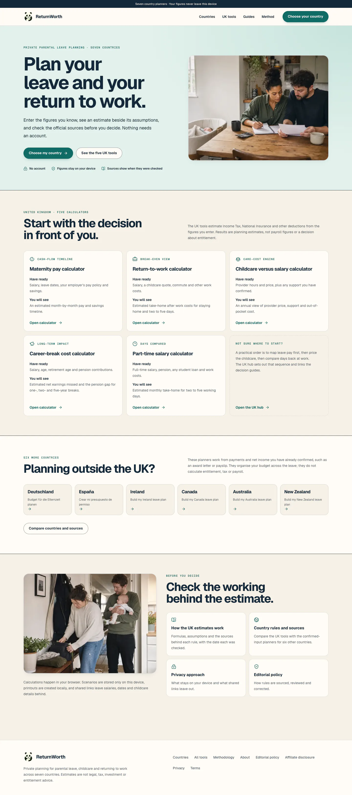 Vista previa del rediseño, no publicada: página de inicio completa en escritorio con las cinco calculadoras del Reino Unido, planificadores para otros seis países y la explicación de cómo se calculan las estimaciones.