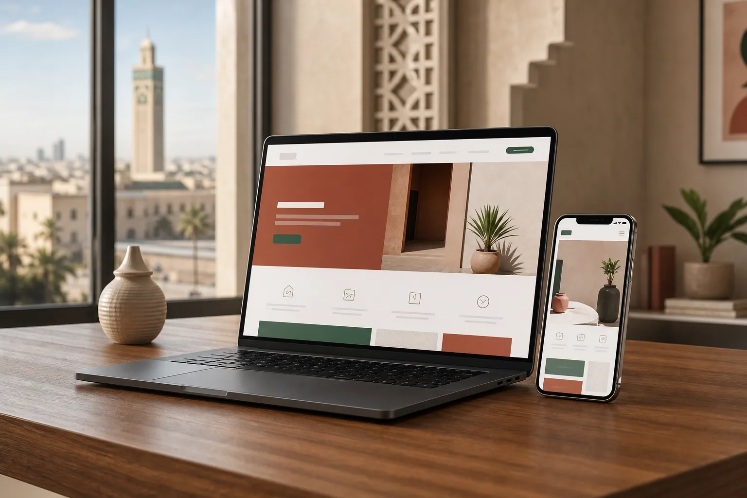Site professionnel pour PME marocaine présenté sur ordinateur et smartphone