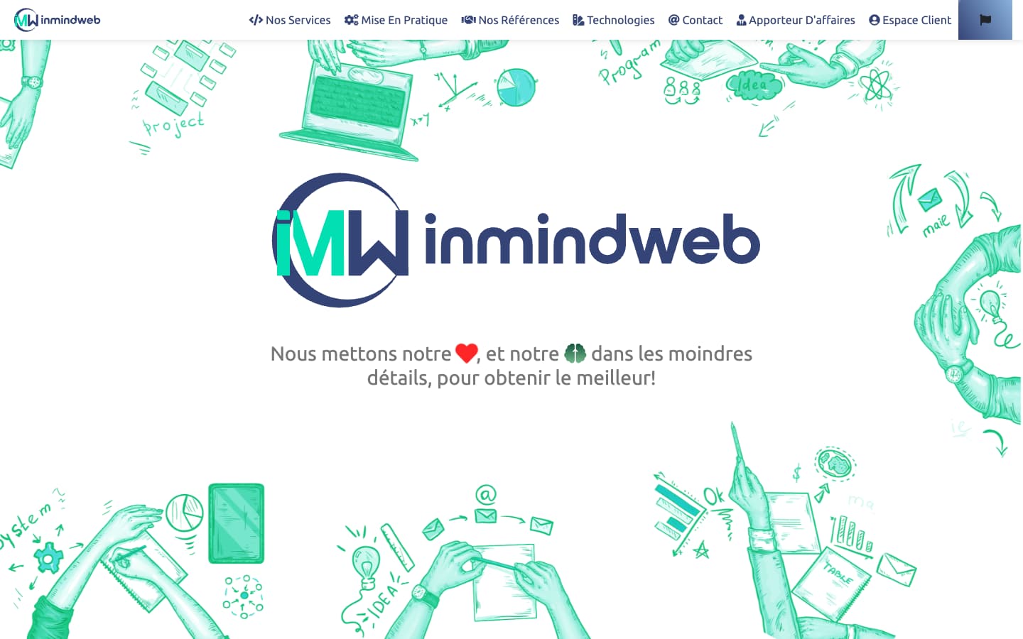 الصفحة الرئيسية الحالية لـ InMindWeb، ملتقطة من الموقع العام في شتنبر 2026.