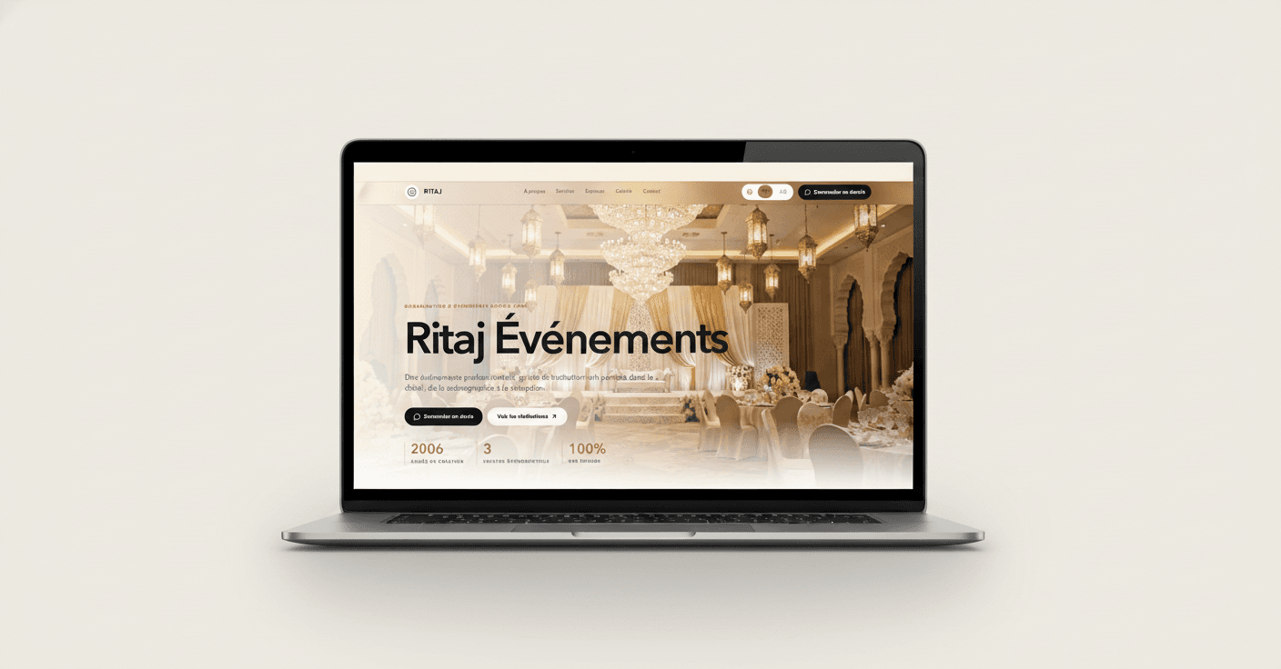 Présentation du site dans une maquette d’ordinateur portable ; pas une capture vérifiée du site en ligne.